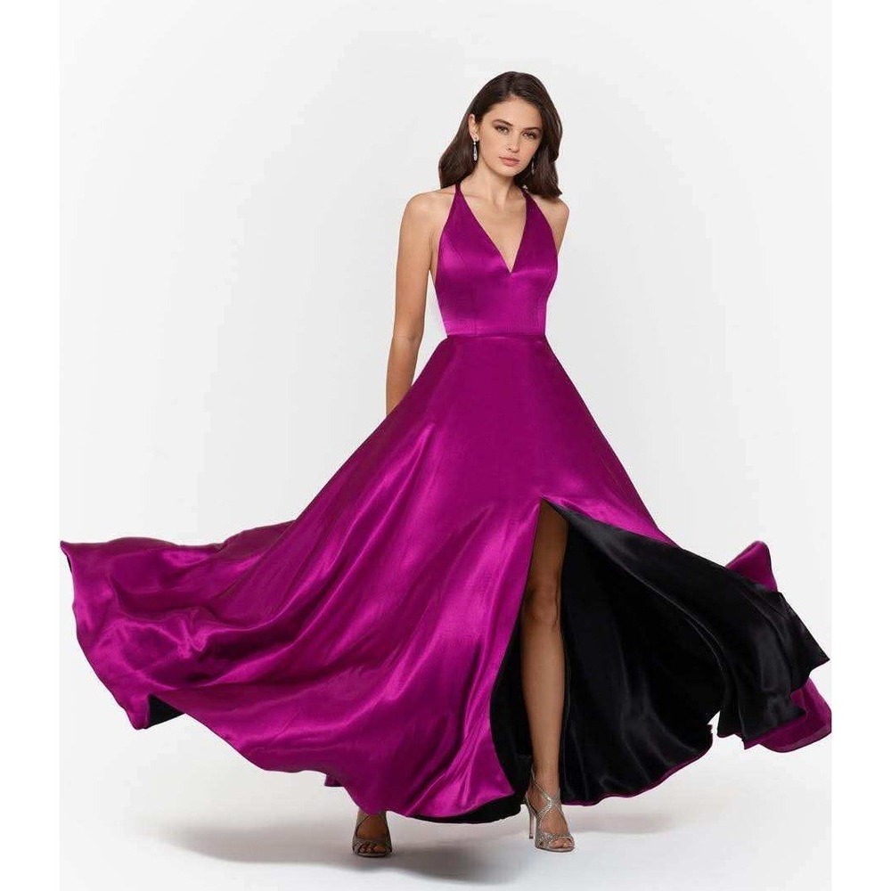 Betsy & Adam Gown Womens 2 Magenta Pink Excellent Satin Slit Lace Up Back A21844